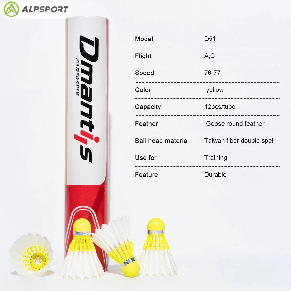ALP D51 Badminton A + Goose Feather Ball Speed ​​76-77 Practice/competition Students 12PCS/1 Bucket