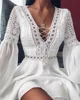 Women's A Line Dress Short Mini Dress White Black Red Long Sleeve Solid Color Ruffle Patchwork Chiffon Spring Summer Slim V Neck 1