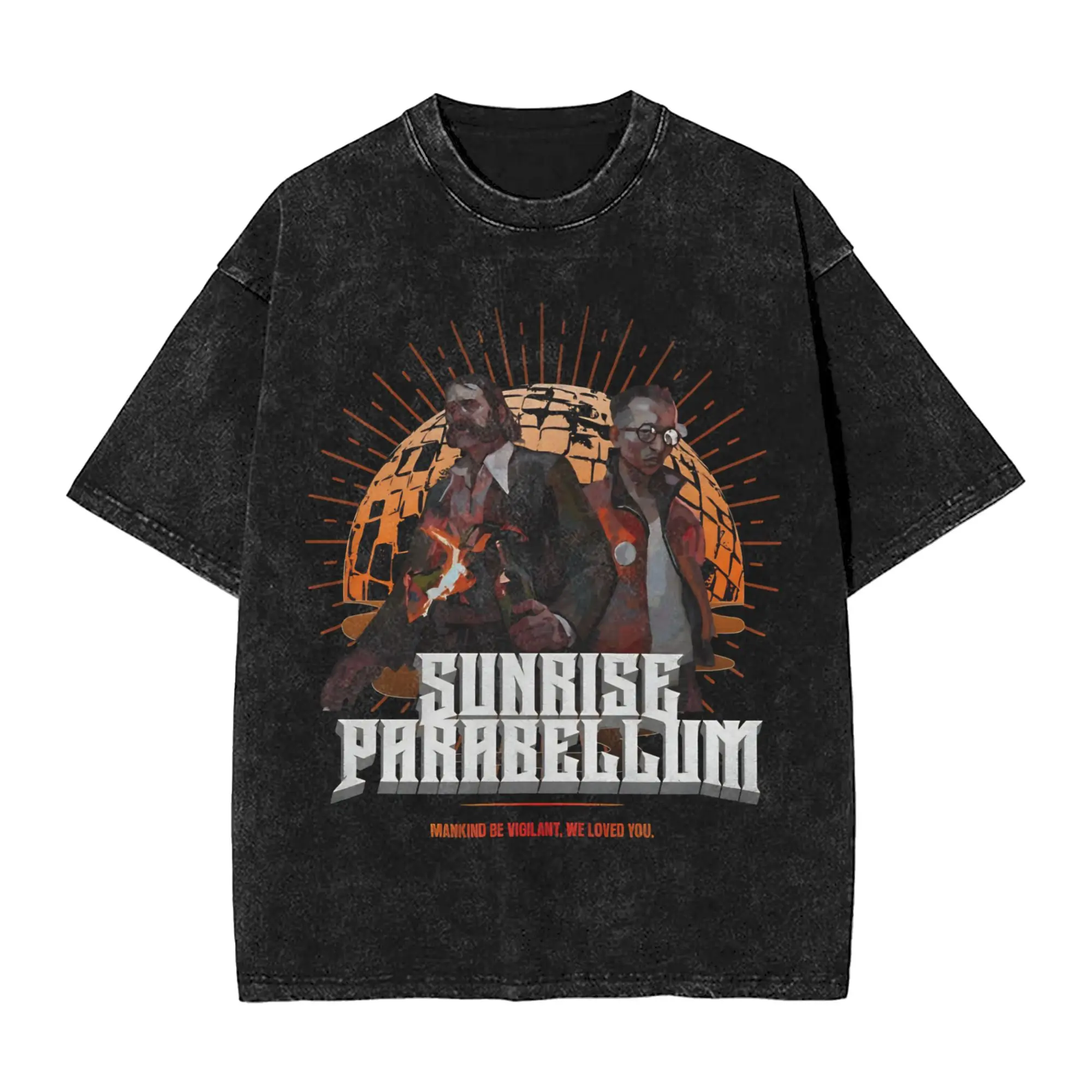 Harajuku Washed Shirts Sunrise Parabellum Disco Elysium Game Merch Vintage T-Shirt Oversize Streetwear Kurzarm bedrucktes T-Shirt