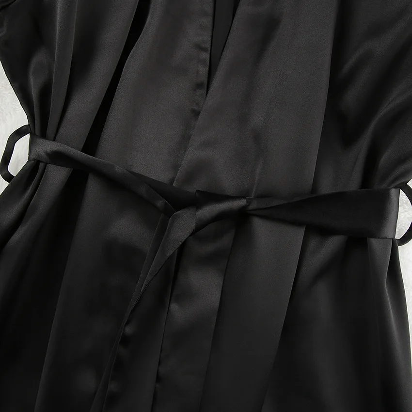 Women's Satin Long Bathrobe Long Sleeve V Neck Ladies Dressing Gown with Sashes Silk Like Solid Loose Kimono for Female Homewear
