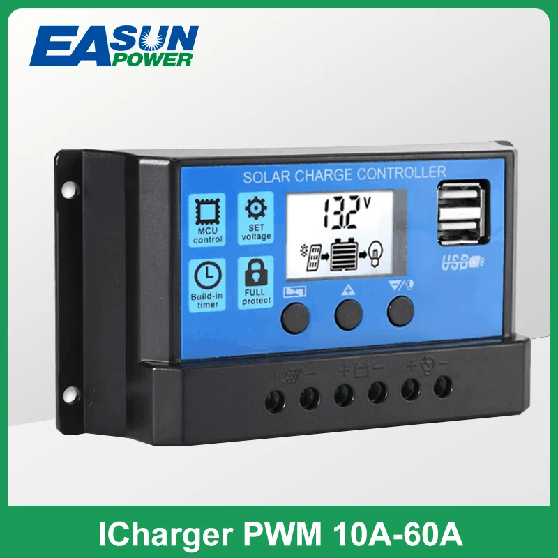 Easun Auto Pwm Controller Regolatore Di Carica Solare 12V 24V 60A/50A/40A/30A/20A/10A Display Lcd 5V Doppio Controller Di Uscita Usb