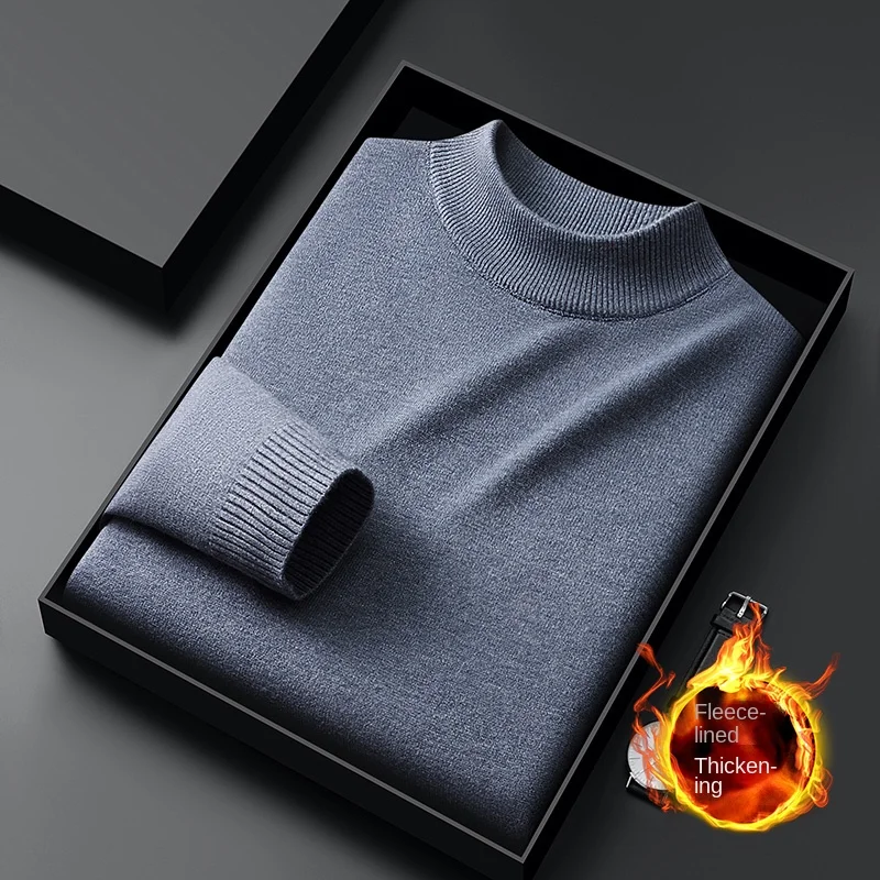 Winter Warm Sweater Men's Fleece-lined Cold-Resistant High-End All-Match Stretch Casual Fashion round Neck Thickened Sweater 5