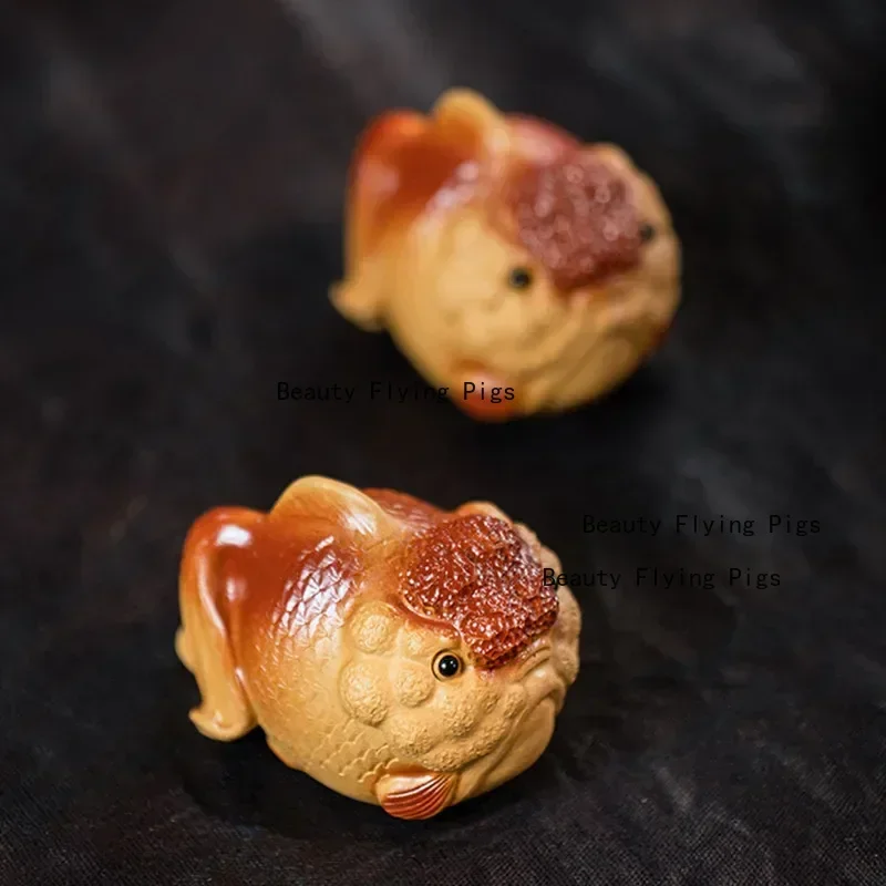 Yixing Purple Clay Tea Pet Lucky Goldfish Statue Desktop Tea Ceremony Decoration Crafts