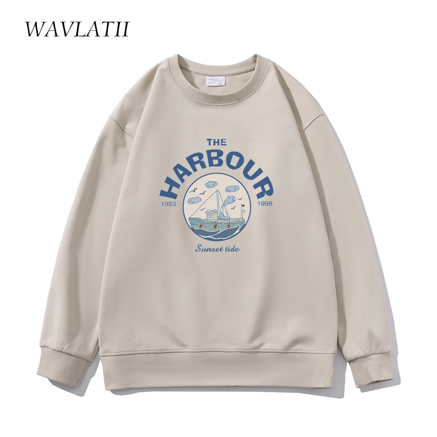 WAVLATII New Women Blue Oversized Sweatshirts Female White Soft Casual Hoodies Lady Khaki Korean Style Print Tops WH2228