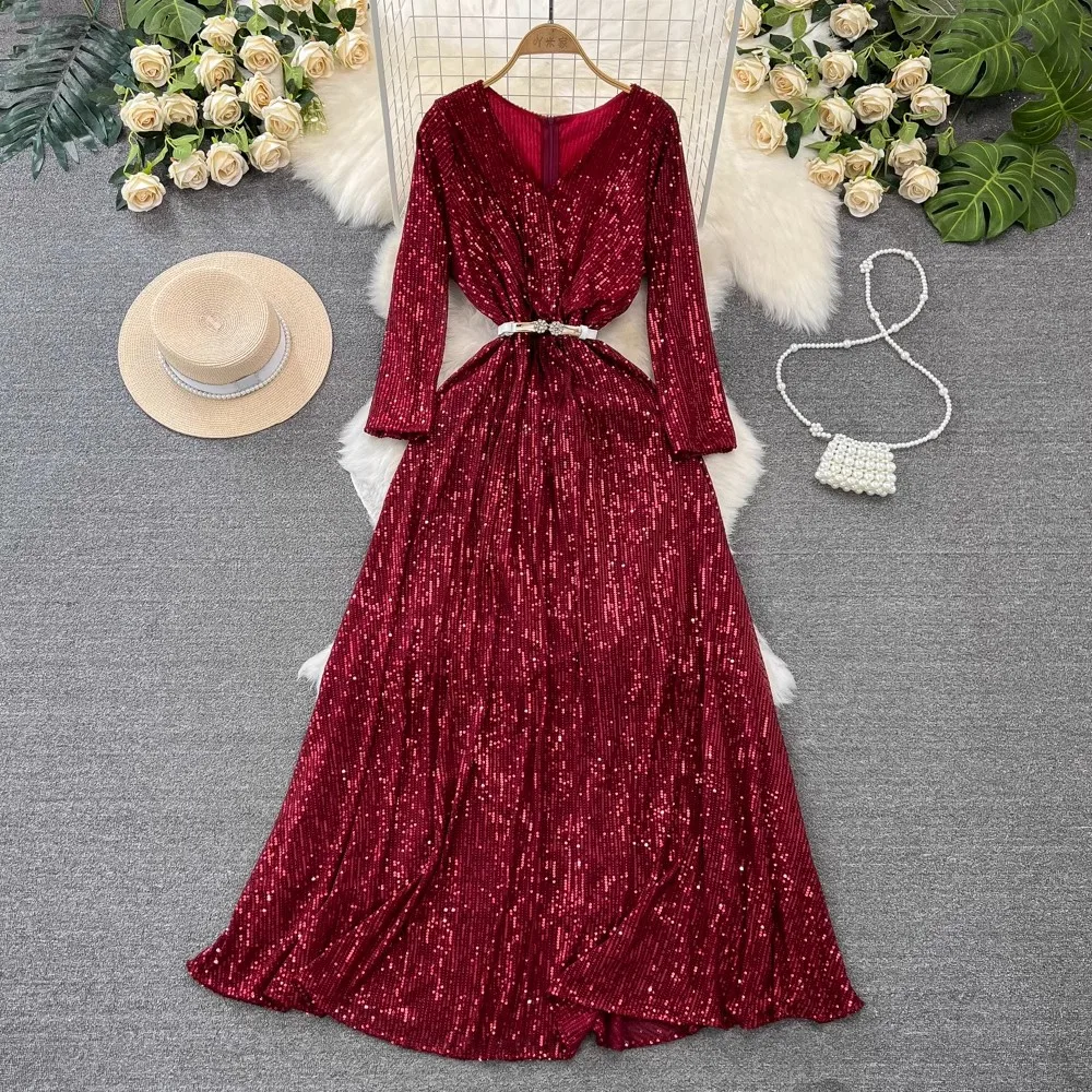

2024 New Fashion Elegant Women Spring Summer Sequin V Neck Long Sleeve Belt High Quality Office Casual Party Dresses