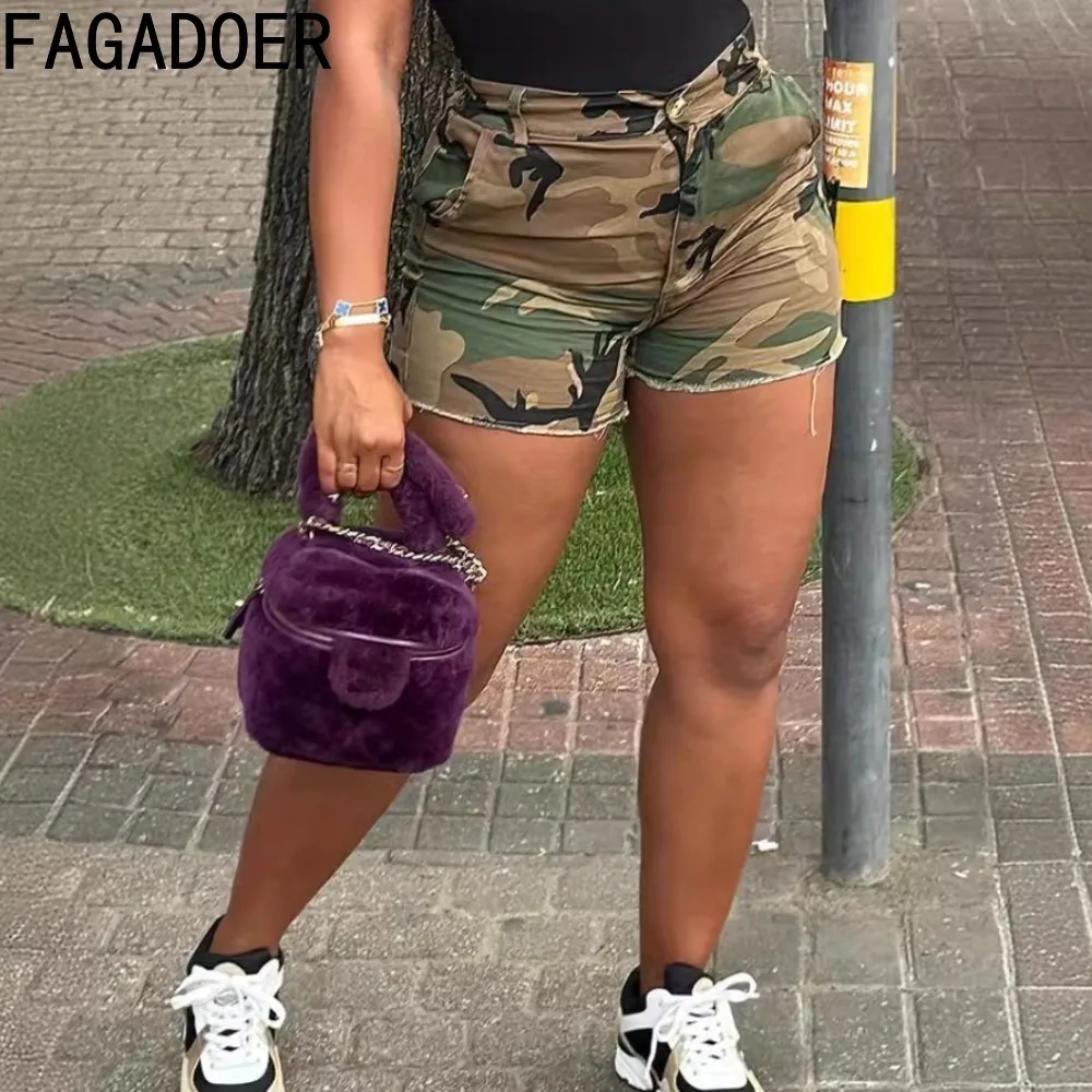 

FAGADOER Summer New Camouflage Printing Splicing Shorts Women High Waist Button Pocket Slim Shorts Casual Female Sporty Bottoms