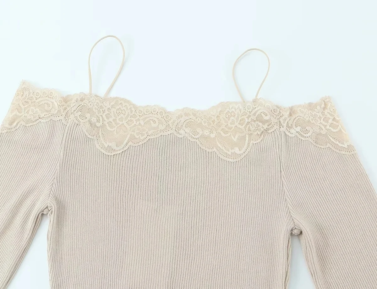 KONDALA Vintage Casual Chic Women Top Solid Slash Neck Long Sleeve Lace Slim Tops New Fashion 2026 Spring Summer Holiday T-shirt
