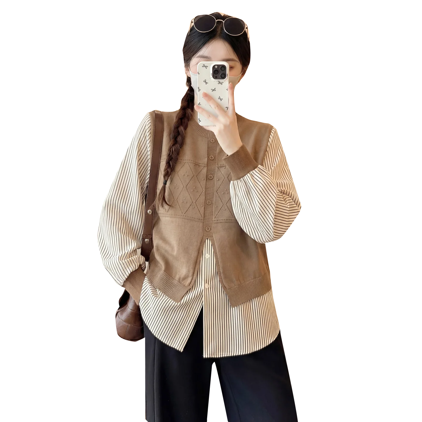 임산부용 봄 셔츠 달콤한 루즈핏 긴팔 인형 디자인 다용도 노화방지 투피스룩 캐주얼 한국 스타일 스트라이프