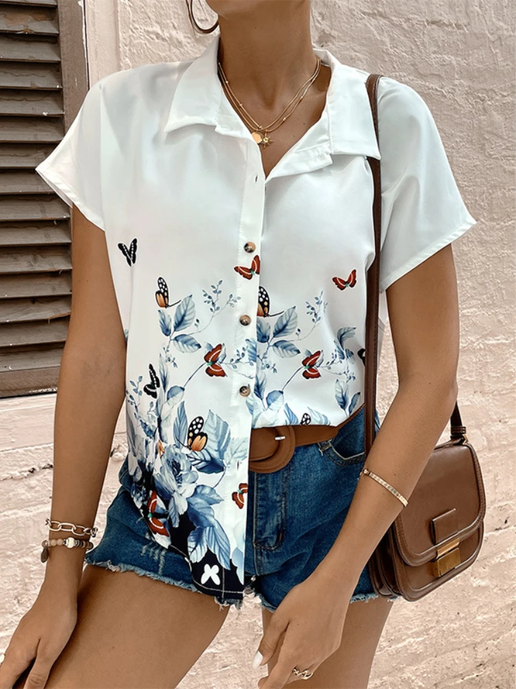 

Summer Shirts and Blouses Butterfly Print Elegant and Youth Woman Blouses Fashion Simple Short Sleeve Commute Casual Top Women