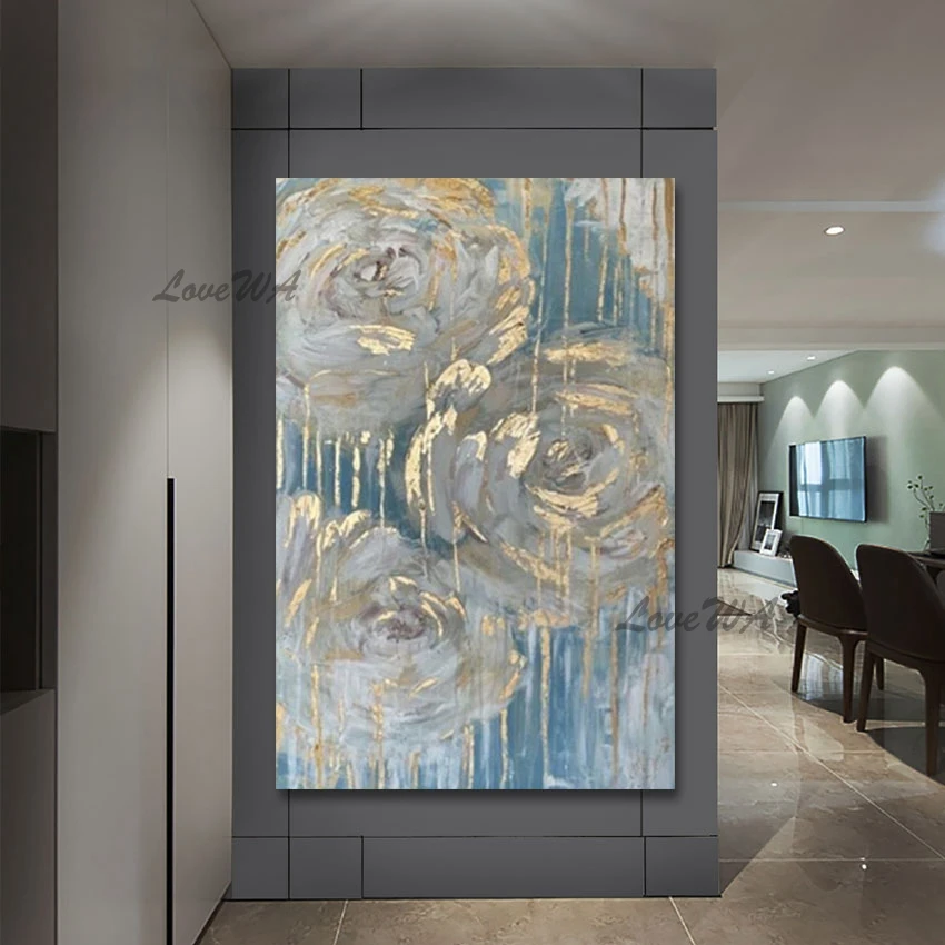 

Latest Abstract Gold Foil Textured Acrylic Flower Painting Wall Hanging Canvas Art Paintings Unframed Home Show Pieces