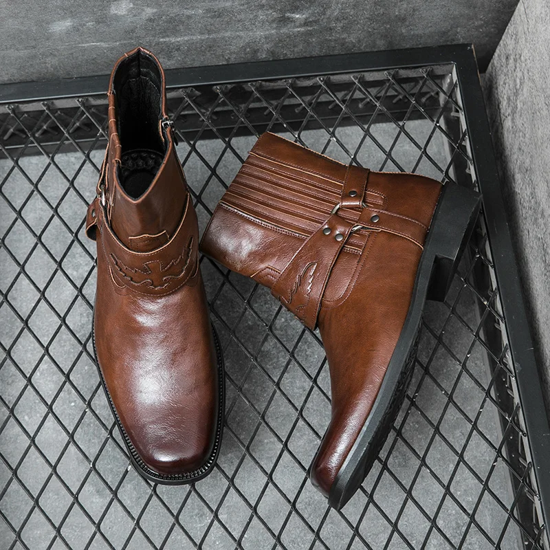 

Classic Brown Zip Cowboy Boots For Men Fashion Comfortable Man Leather Boots Breathable Mens Ankle Boots Size 38-46 botas hombre