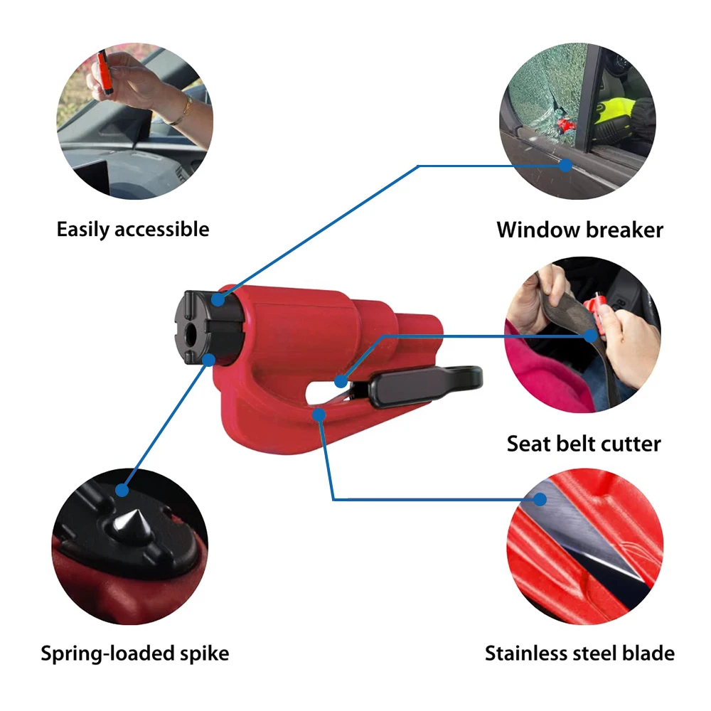 Emergency Seatbelt Cutter, 3 in 1 Window Breaker Glass Breaker, Car Escape  Tool Keychain with Tungsten Steel Safty Hammer Spike 2 Pack (Red)