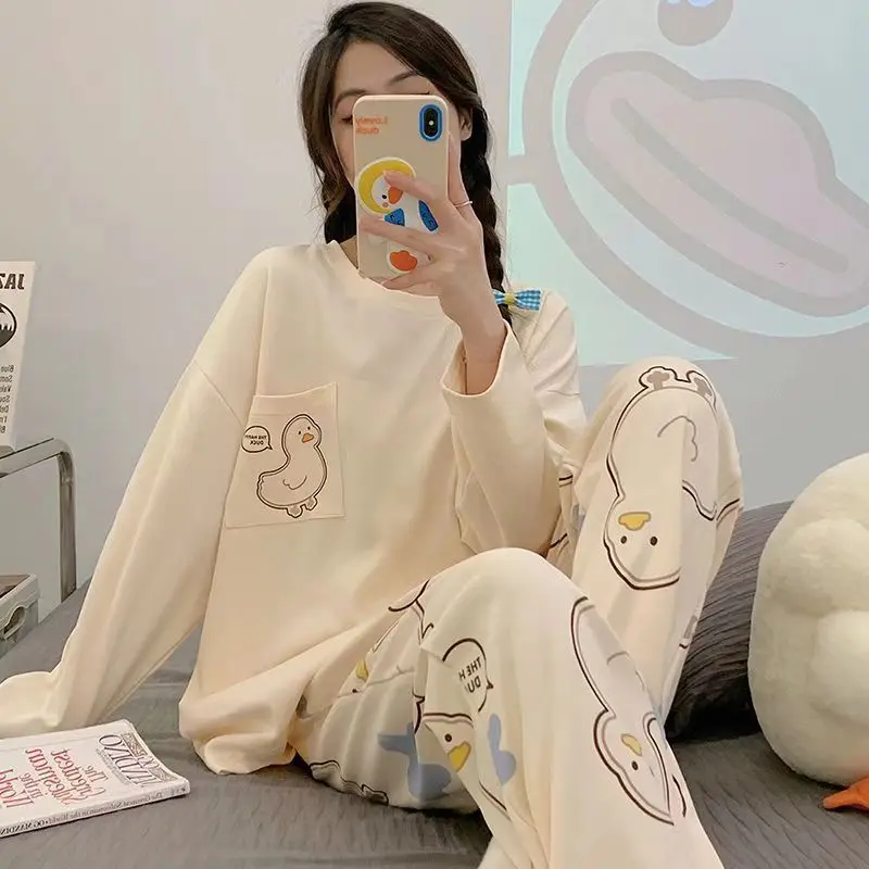 Spring and Autumn New Women's Pajamas Homewear Set of Girls Students Fall and Winter Homewear Big Size Cartoon Loose Pajamas Set 4