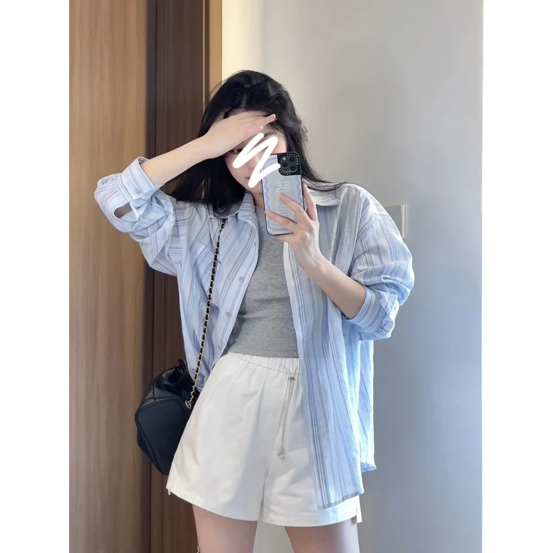 New Sweet Elegant Top Women's Loose and Idle Blue with Long Sleeves Striped Casual Shirt Thin Coat