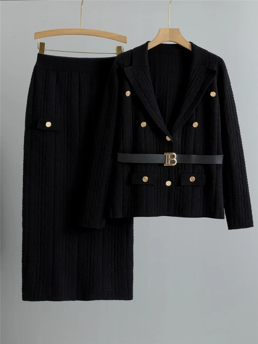 Chic Design Knitted 2 Piece Sets Women Single Breasted Knit Sweater Cardigan Tops With Belt Conjuntos High Waist Skirts Outfit 3