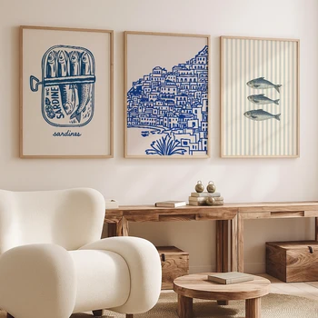 Set di 3 cucine mediterranee, sardine stagne, pesci, arte da parete, stampe nautiche blu costiere per soggiorno, camera da letto, decorazioni per la casa 1