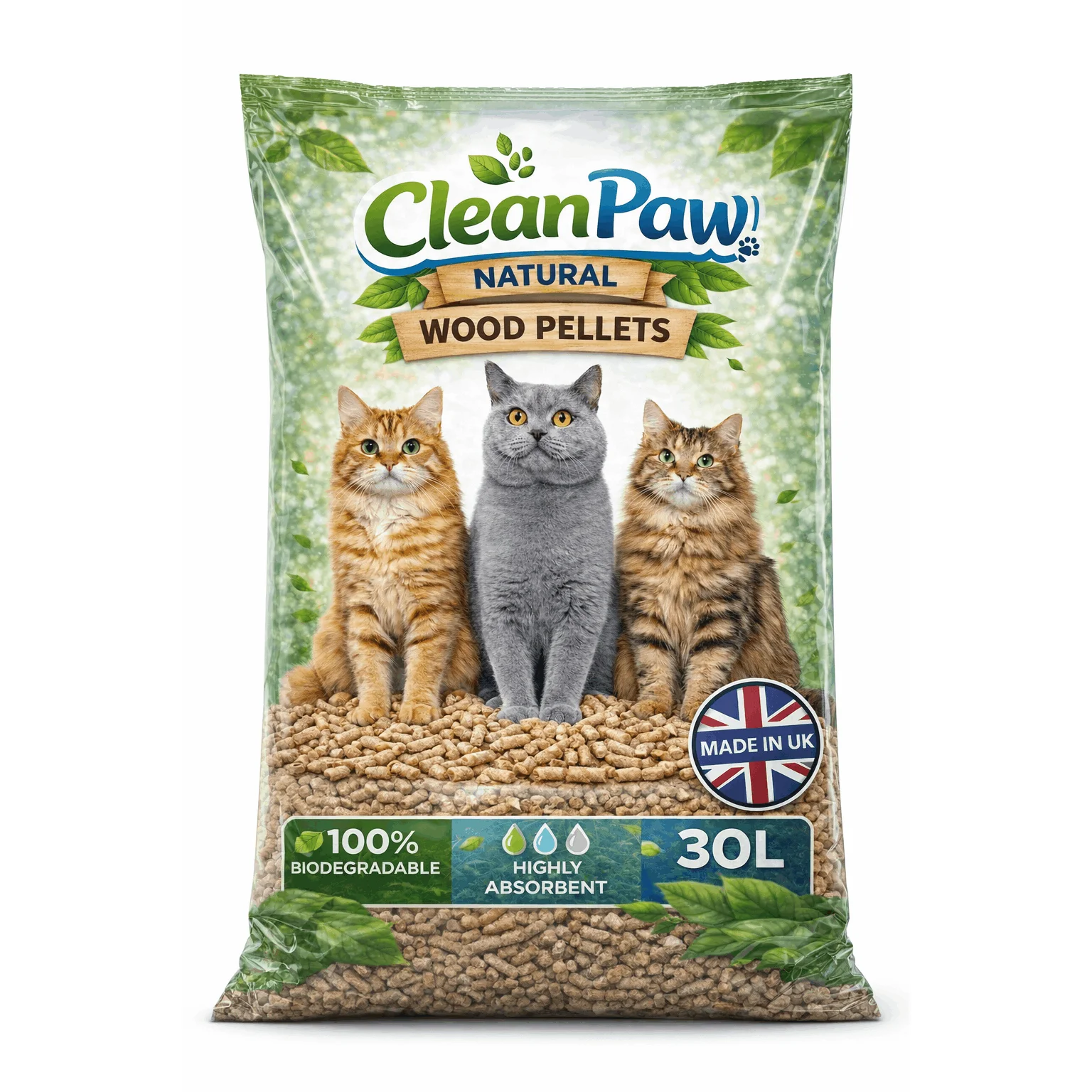 30L Clean Paw Wood Pellet Cat Litter Natural Absorbent Pet Bedding for Cats, Small Animals & Litter Trays Low Dust Odour Control Pellet Litter
