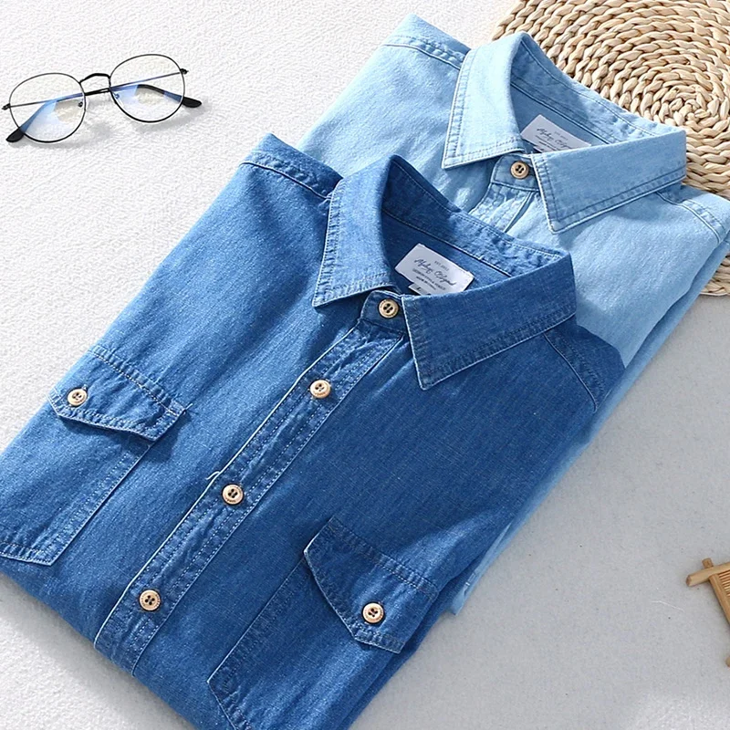 Denim Shirt Men Cotton Long Sleeved Two Front Pockets Turn-down Collar Casual Autumn