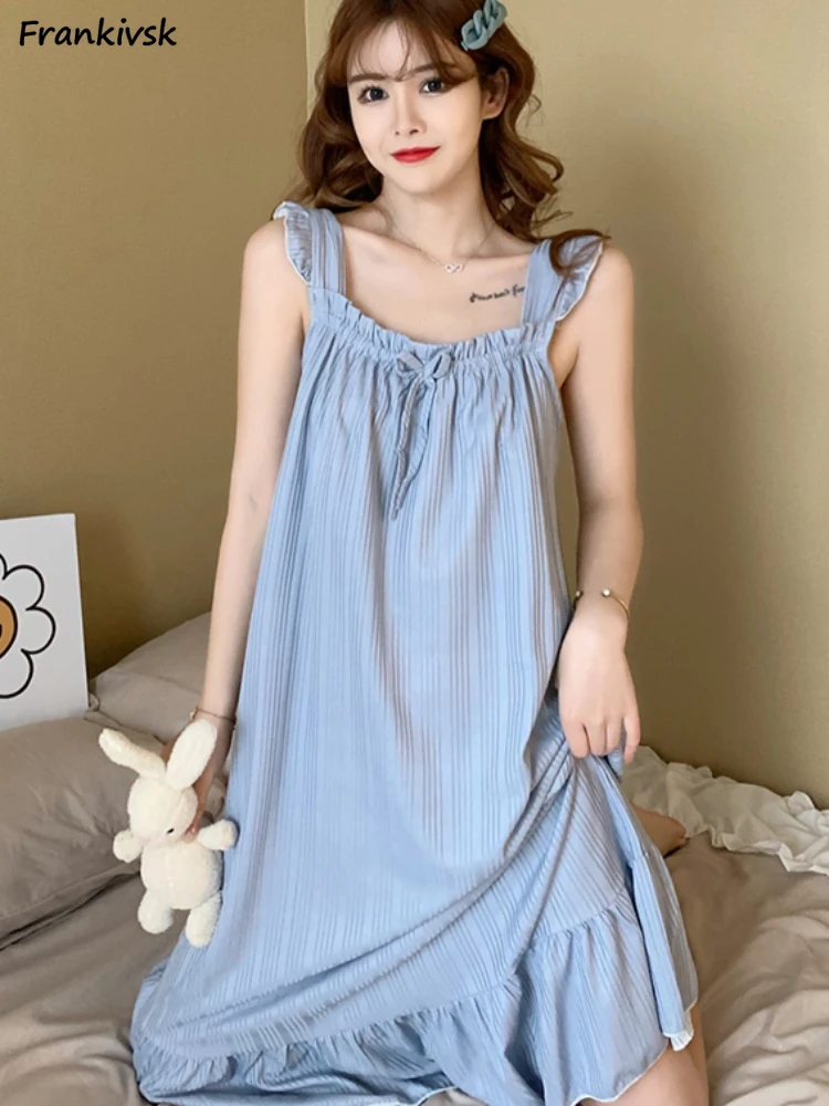 

Spaghetti Strap Nightgowns for Women Sweet Simple Korean Style Lovely Summer Sleepwear Aesthetic Popular College Hipster Daily