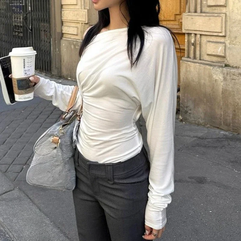 Autumn Fashion Sexy Inclined Shoulder Long Sleeve Backless Hollow Out T-Shirt Solid Casual Y2K Top Party Club Streetwear
