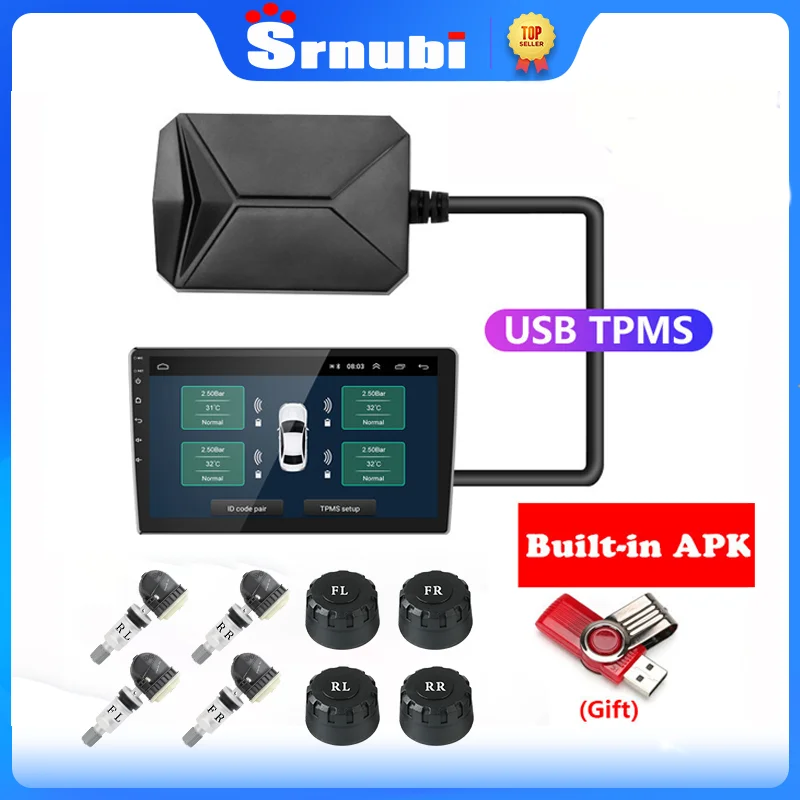 Srnubi USB 안드로이드 TPMS 자동차 타이어 압력 알람 모니터 시스템..