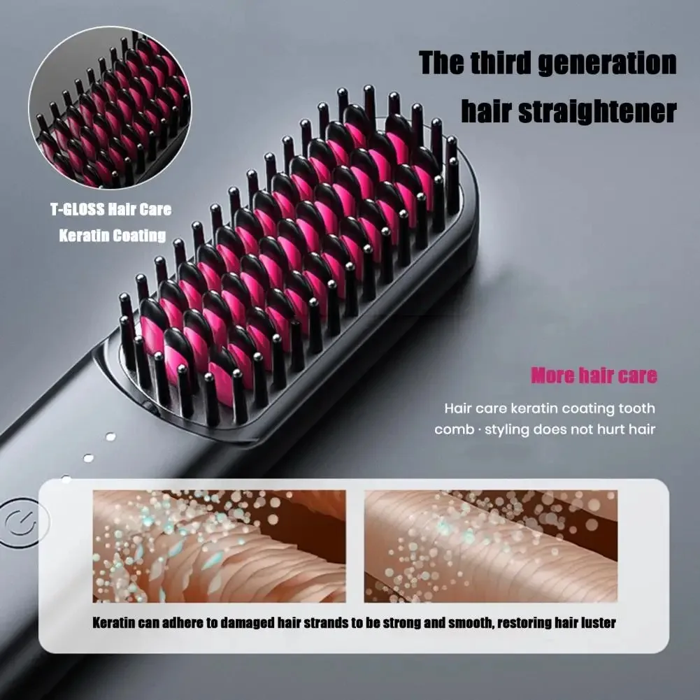 3 Temp Adjustable Hair Straightener Brush Fast Heating Rechargeable Cordless Electric Fluffy Curly Hair Styling Detangling Comb
