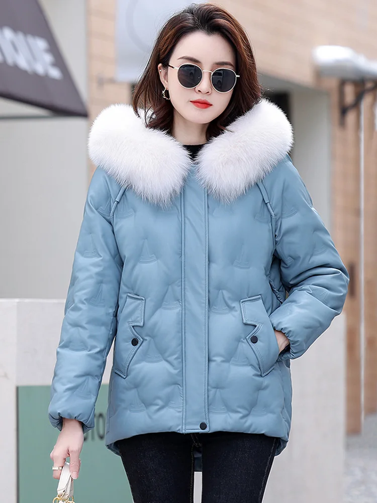 New Women Sheep Leather Down Jacket Winter Fashion Hooded Real Fox Fur Collar Thicken Warm Leather Coat Casual Loose Topscoat
