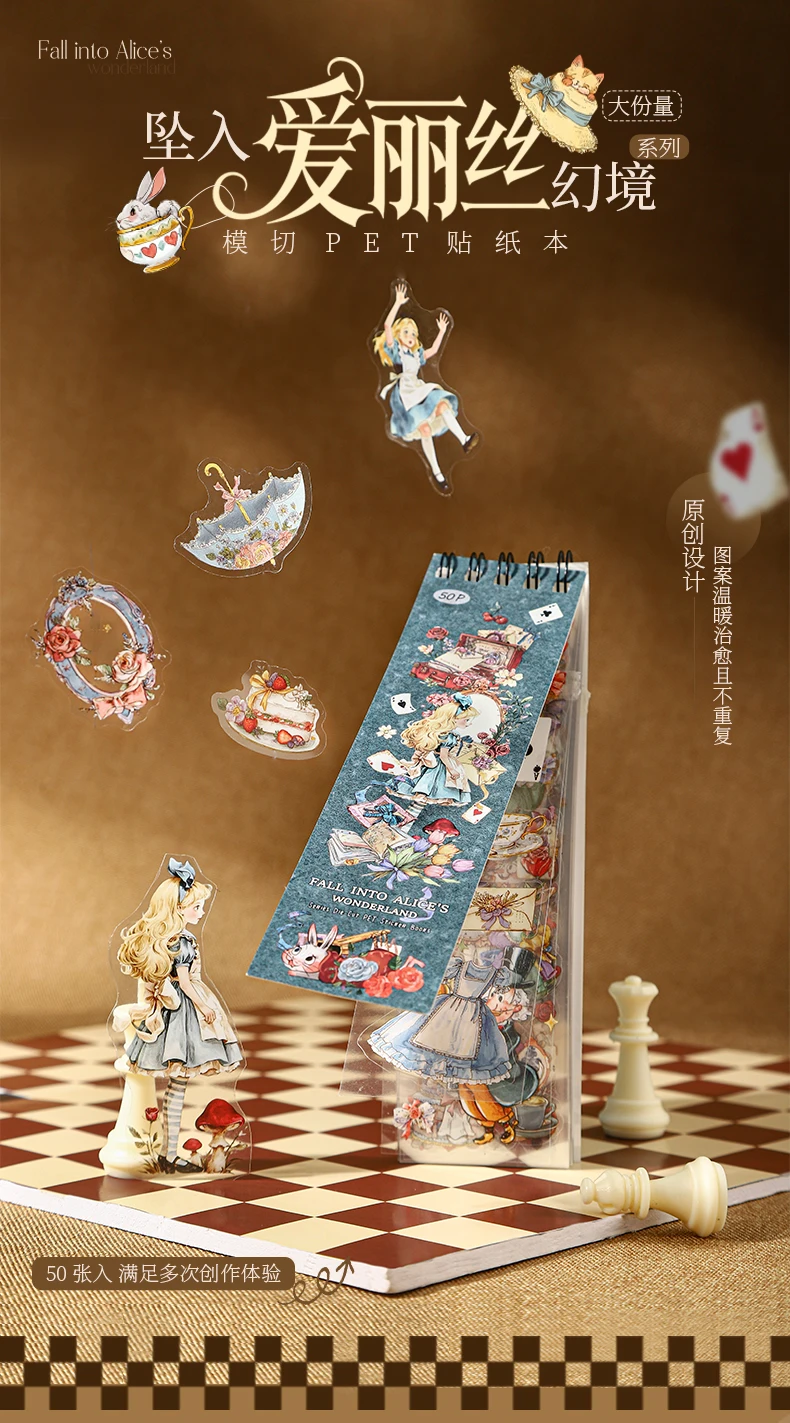 Journal GO 50 Stück Ausgestanzte Alice im Wunderland Wasserfeste PET-Aufkleber für Flaschen, Tassen, Journaling, Karten, Planer, Deko, Scrapbook-Dekoration – Detail 1