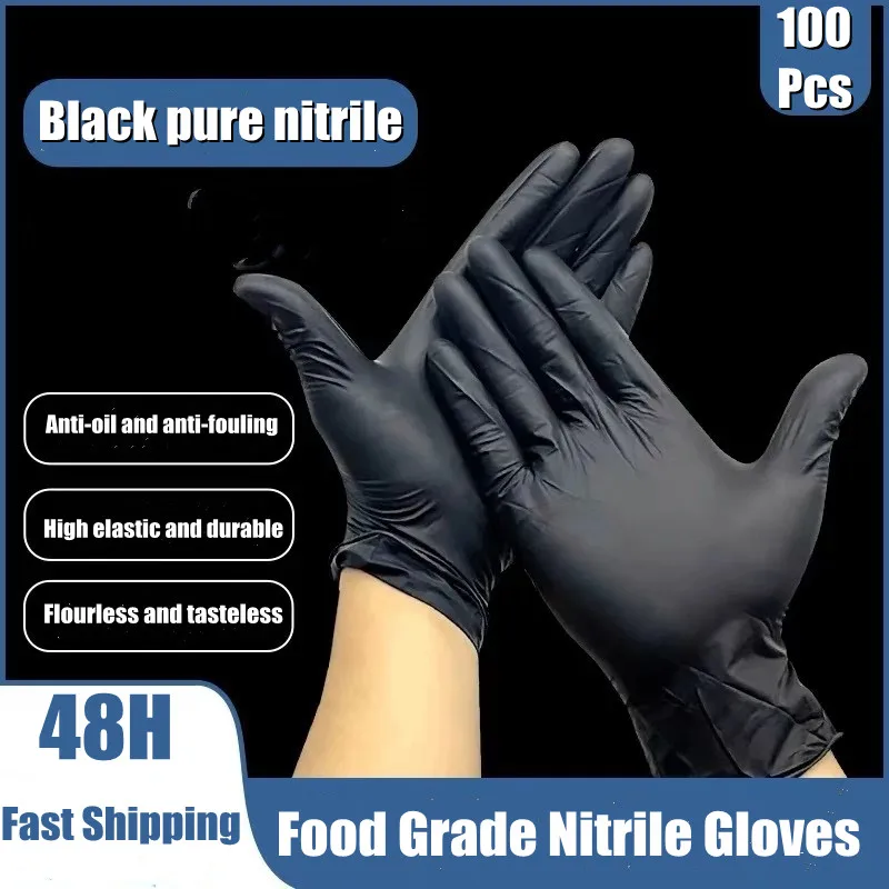 100 Pcs/Box Black Disposable Latex Gloves OilProof Nitrile Gloves For