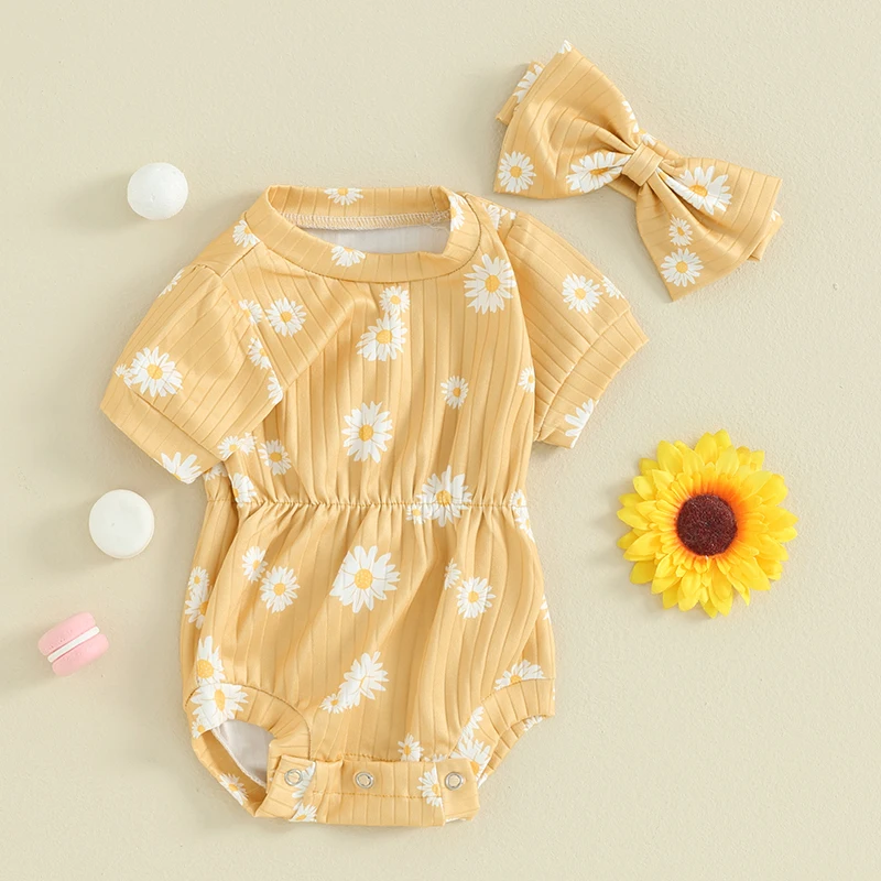 

Newborn Inant Baby Girls Daisy Rompers Short Sleeve Round Neck Ribbed Bodysuits Summer Clothes with Headband