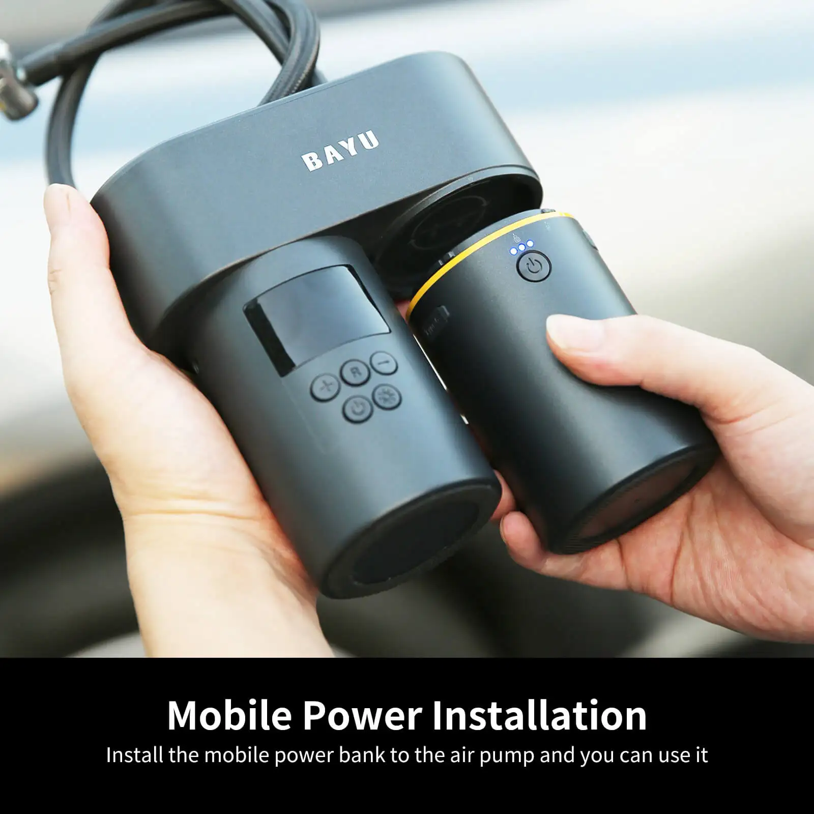 BAYU Ÿ�̾� ��â�� �޴�� ���� �����, ������ ���÷��̰� �ִ� �ڵ��� Ÿ�̾�� 150PSI ���� ����, �ڵ��� �����ſ� 15000mAh �������͸�