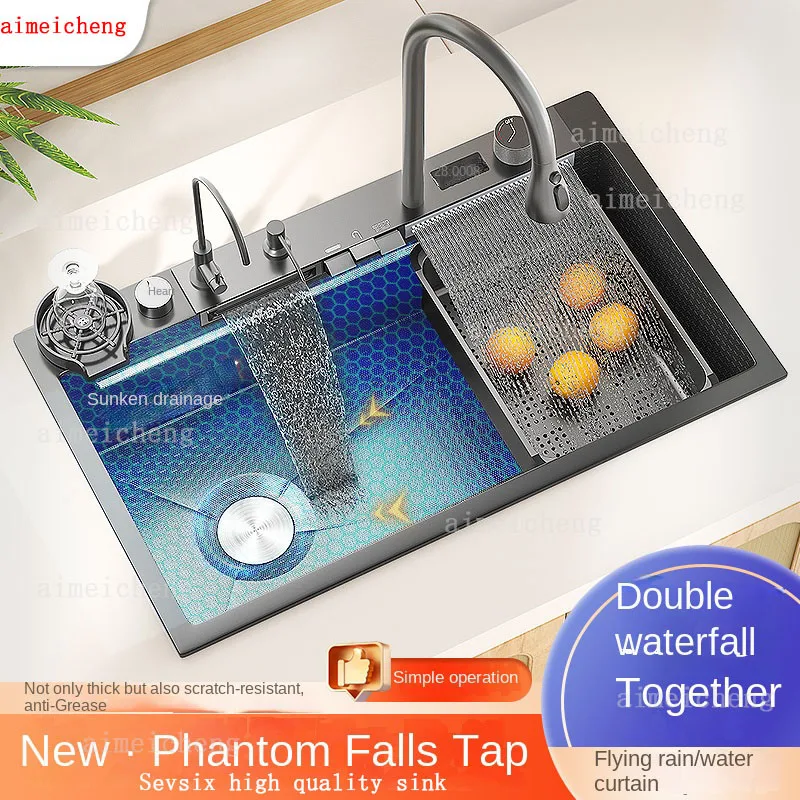 สแตนเลสน้ําตกอ่างล้างจานนูนขนาดใหญ่ SINGLE SLOT ในครัวเรือนผักอ่างล้างหน้าล้างจานซิงค์ด้านซ้ายระบายน้ํา 1