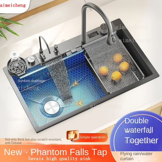 สแตนเลสน้ําตกอ่างล้างจานนูนขนาดใหญ่ SINGLE SLOT ในครัวเรือนผักอ่างล้างหน้าล้างจานซิงค์ด้านซ้ายระบายน้ํา 1