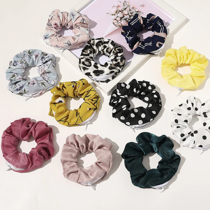

Elastic Satin Scrunchies With Zipper For Women Velvet Hairbands Crispy Leopard Hair Ties Pocket Scrunchie Holder Zipper Headwear