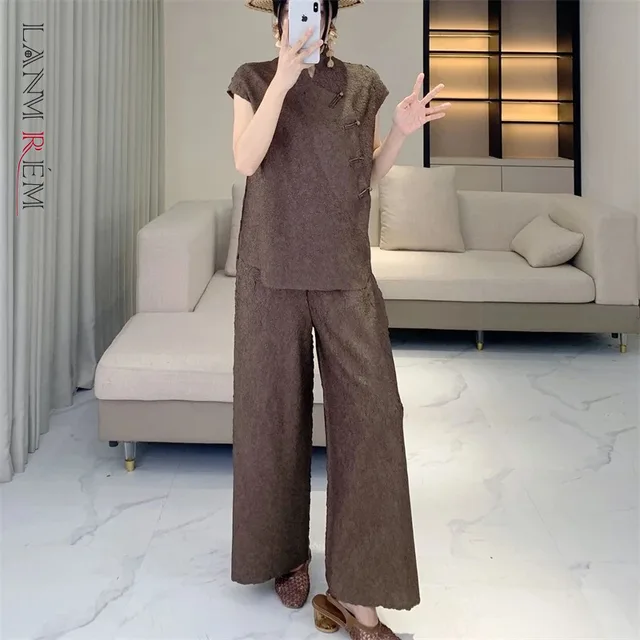 LANMREM Chinese Knot Button Pleated Women's Two Pieces Set Loose Lightweight Short Sleeve Top And Elastic Wiast Wide Leg Pants