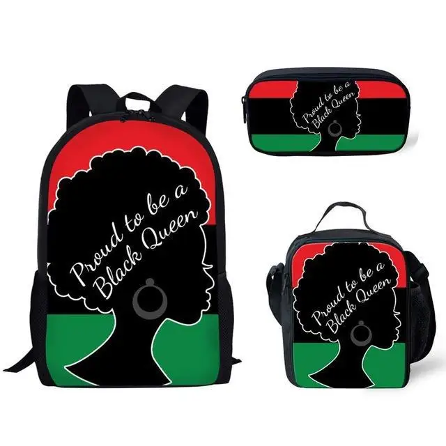 3D Printed Africa Girl Black Queen Backpack Primary and Middle School Students Girls Schoolbag Lunch Bag Pen Case 3pcs/set