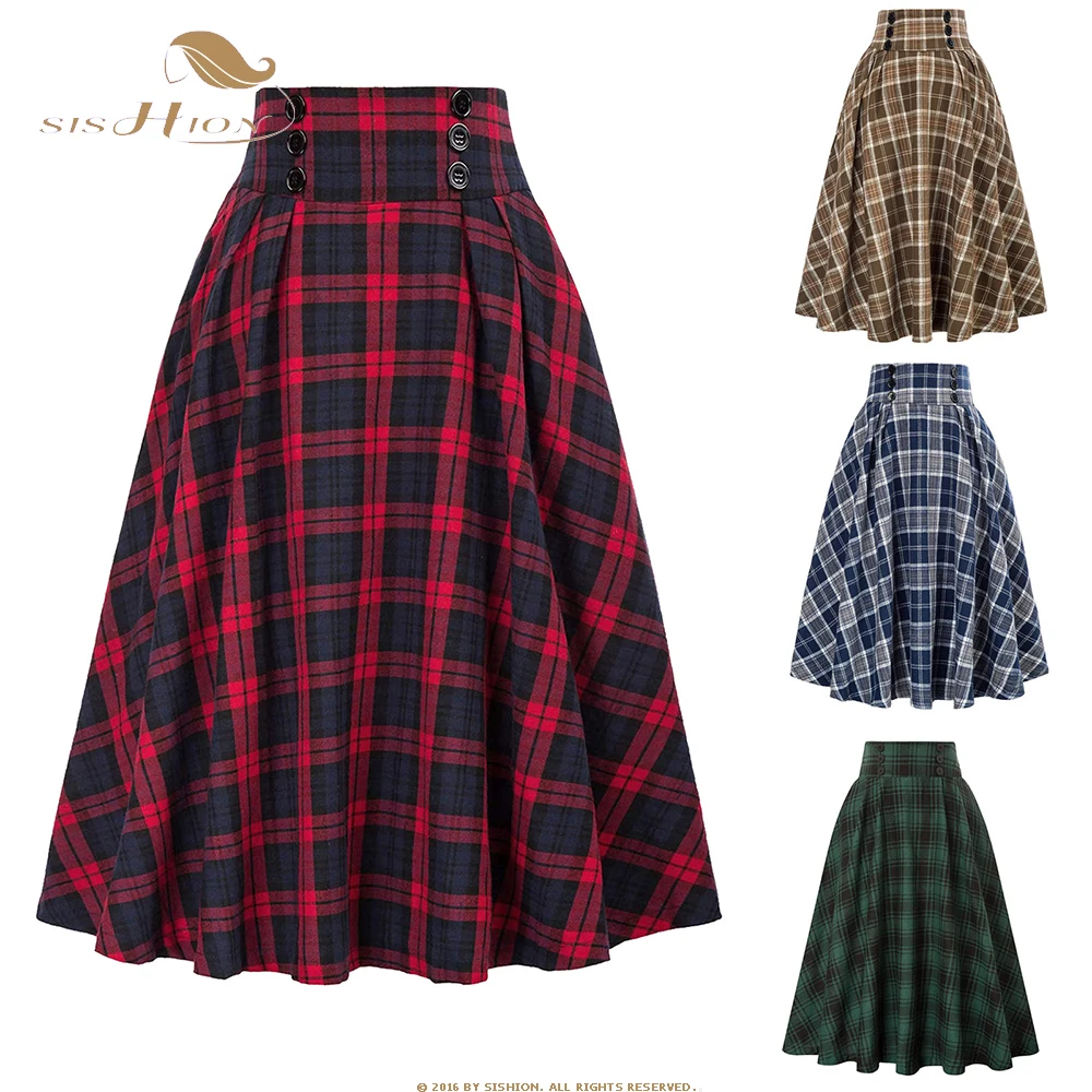 

Spring Summer 50s 60s Retro Vintage Red Green Blue Plaid Print Midi Skirt Women Casual Elastic Waist Swing A Line Skirts SR335