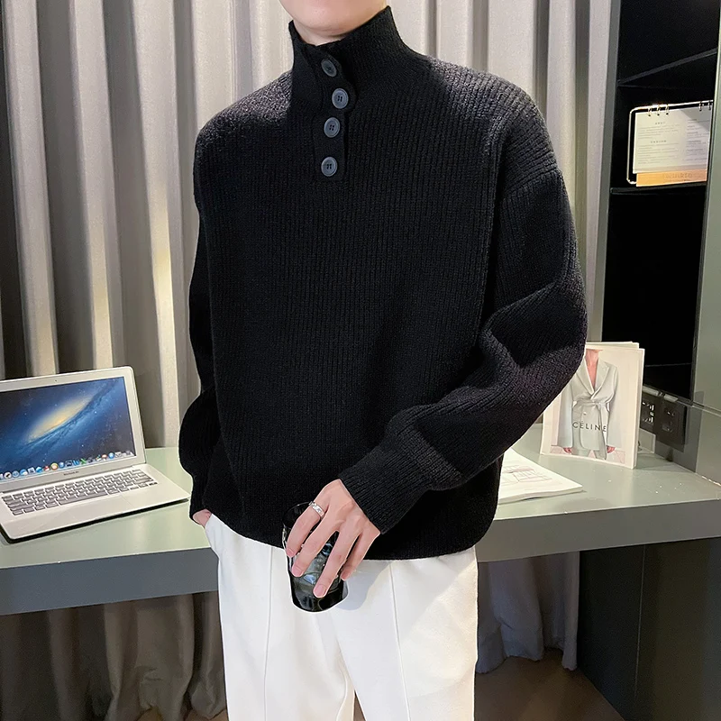 Winter Men\'s Highneck Sweater Thick Turtleneck Male Casual Knitted Pullovers Vintage Jumper Black Red White Knitwear Clothing