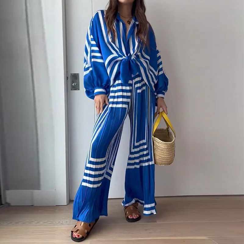 Pants Two Piece Set Women Outfit 2023 Summer New in Matching Sets Casual Striped Long Sleeve Blouse Wide Leg Pants Set Girls