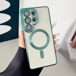 Luxury Transparent Plating Phone Case with Lens Protection and Wireless Charging Compatibility - Galaxy S21 Ultra 5G (Alpine Green)