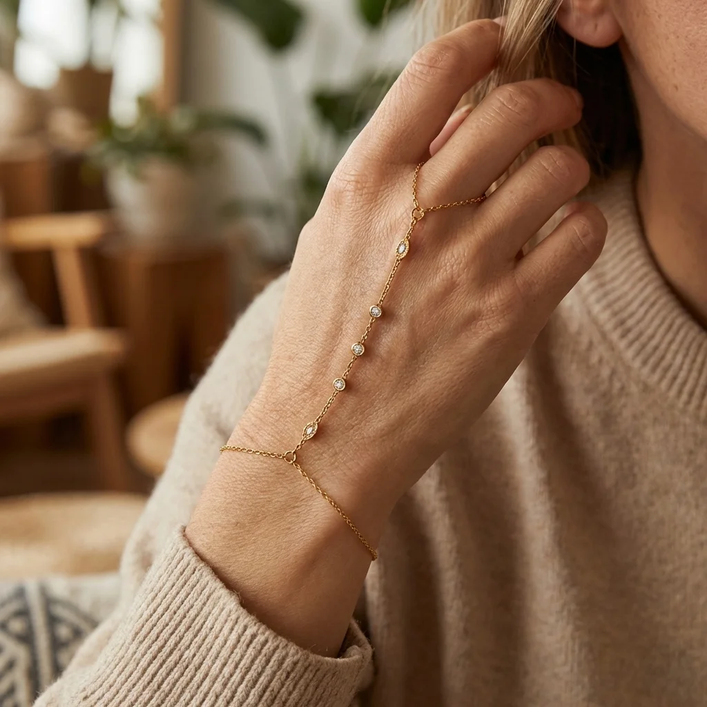 Boho Zierliches Zirkon-Handarmband für Frauen Edelstahl Fingerring Armband Mehrschichtige Kettenkette Sommer-Schmuck
