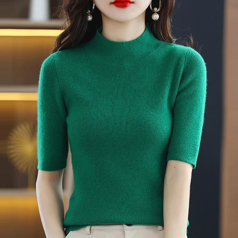 

Летняя вязаная рубашка с воротником-стойкой, пуловер, женский свитер, однотонная Повседневная футболка с рукавом до локтя, вязаный Топ, элегантная Нижняя блузка, 27569