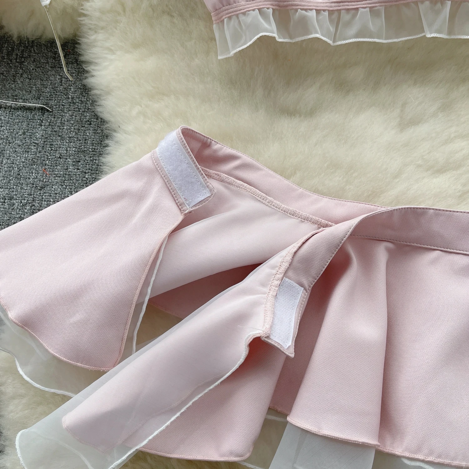 Hot Sweet Cosplay Uniform High Waist Hollow Ruffled Bubble Sleeve Short Top Cute Sexy Two Layer Sheer Short Skirt Two-piece Set