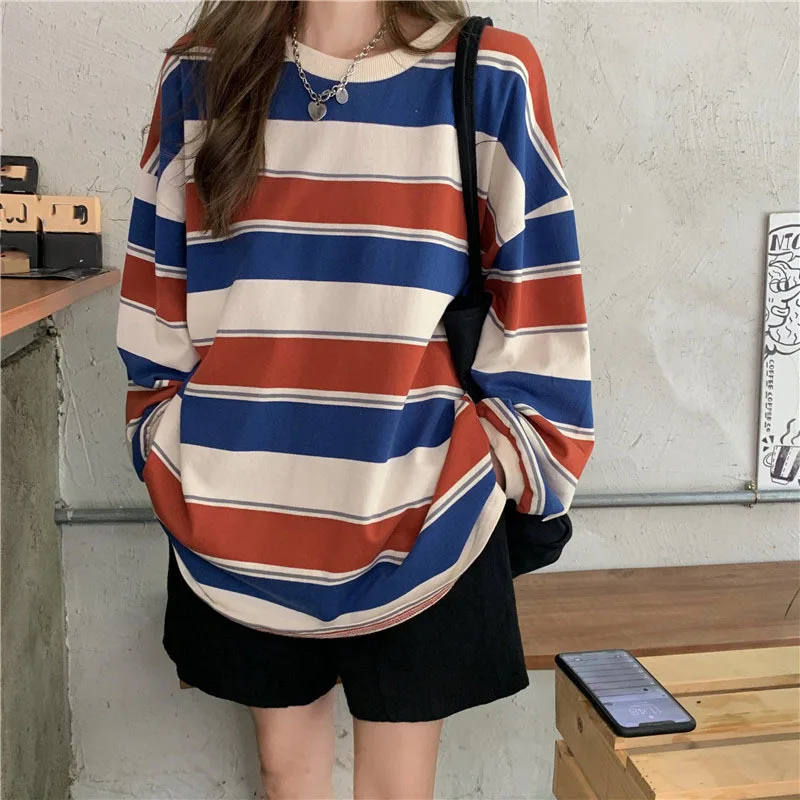 

Preppy Style Striped O-Neck Long Sleeve Oversize T-Shirt Harajuku Lloose Top Spring/Autumn Women's Clothing Casual T-Shirt