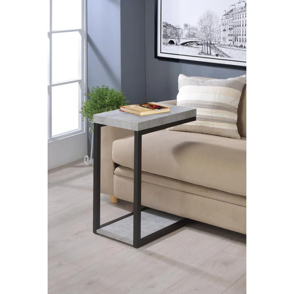 

Sleek Modern Cement Gray and Black Snack Table with Convenient Storage Shelf and Stylish Design for Living Room or Bedroom Use