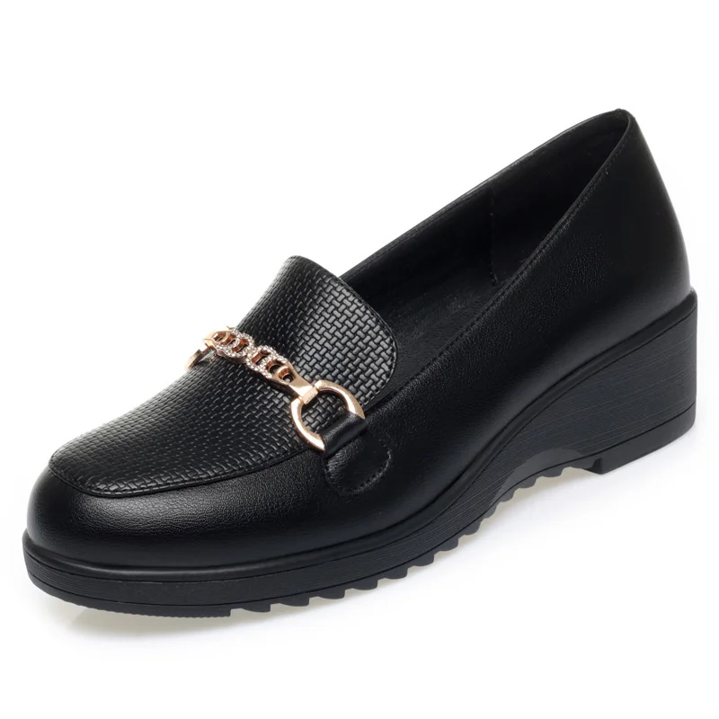 Spring Summer Women Loafers Flat Shoes Height Increasing Black Footwear Slip-on Moccasins Casual Wedge Soft Leather Shoes