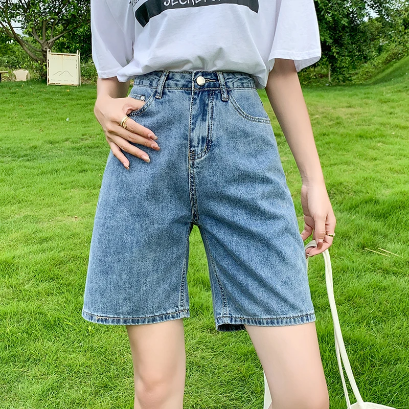 QOERLIN Retro Bermuda Shorts Casual Straight Loose Women Jeans Shorts Summer High Waist Pockets Female Wide Leg Denim Shorts