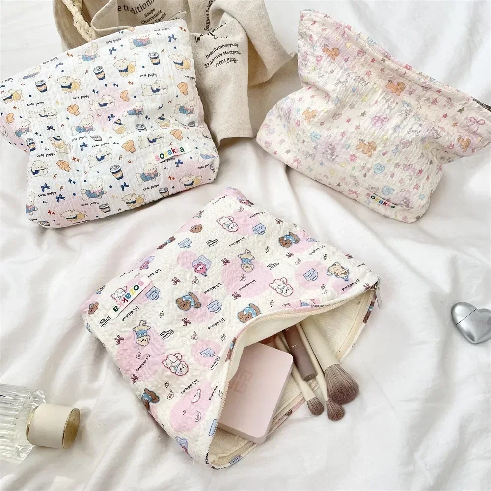1pc Double-Sided Cartoon Pattern Cosmetic Bag Large Capacity Multifunctional Canvas Zipper Travel Storage Bag