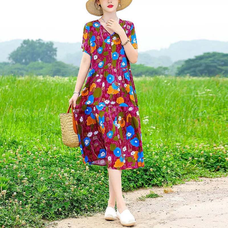 Prairie Chic Casual V-Neck Dresses Vintage Printed Spliced Summer