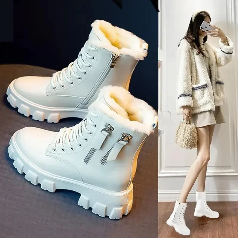

2023 Pu Leather Platform Ankle Boots Women Lace-Up Zipper Thicked Plush Snow Boots Woman Winter Non-Slip Warm Cotton Botas Shoes